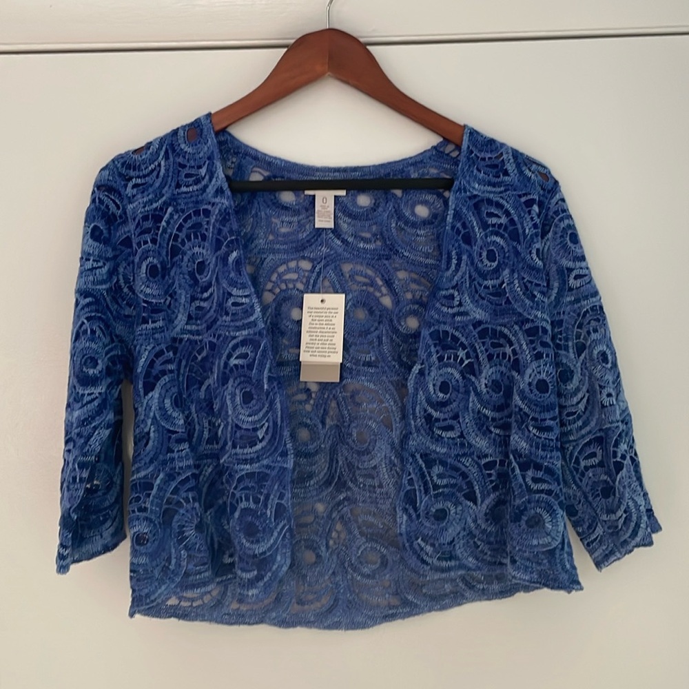 Chico’s swirl Sophie Cardigan, NWT, cropped sweater /shrug, size 0, amparo blue